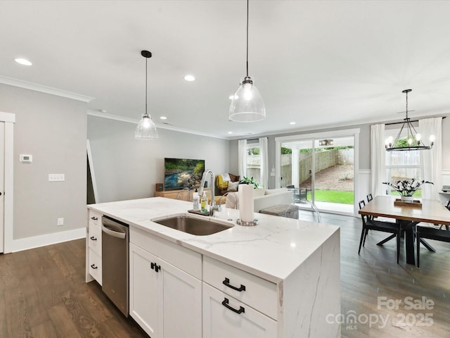 2517 Marlowe Ave, Charlotte, NC 28208 - kitchen featuring a sink, dishwasher, white cabinets, light stone countertops, and dark wood-style flooring