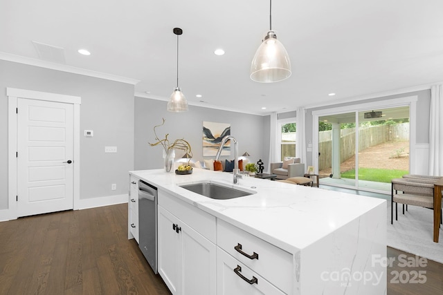 2517 Marlowe Ave, Charlotte, NC 28208 - kitchen featuring stainless steel dishwasher, light stone counters, hanging light fixtures, white cabinetry, and crown molding