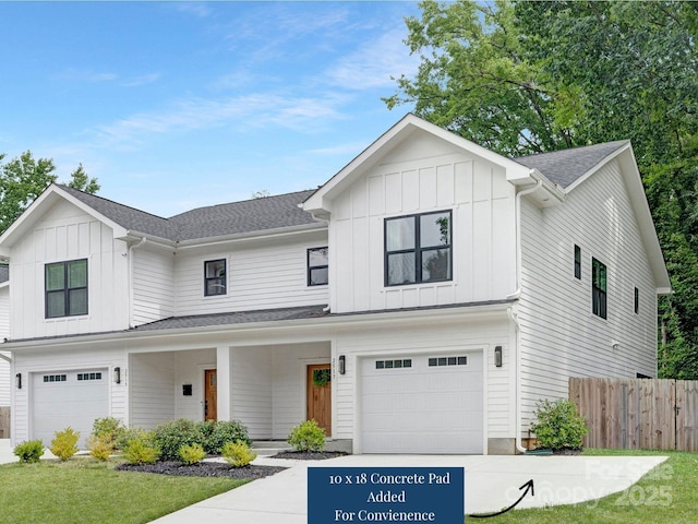 2517 Marlowe Ave, Charlotte, NC 28208 - modern farmhouse style home with an attached garage, board and batten siding, concrete driveway, covered porch, and roof with shingles