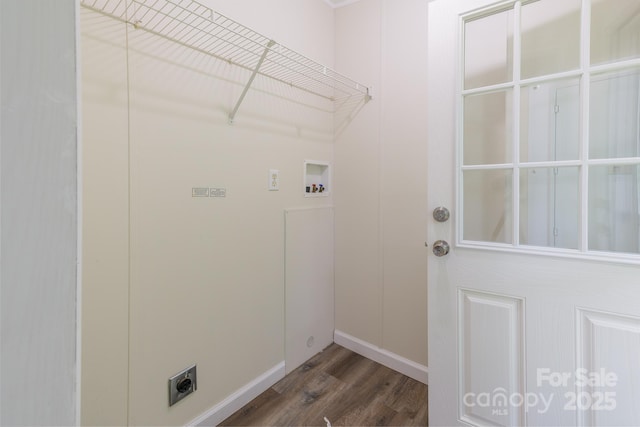 1884 Kensway Dr, Hudson, NC 28638 - laundry room with hookup for an electric dryer, dark wood finished floors, hookup for a washing machine, and baseboards
