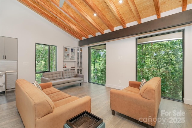 386 Squirrel Ln, Lake Wylie, SC 29710 - living room featuring wooden ceiling with exposed beams, high vaulted ceiling, light wood-type flooring, healthy amount of natural light, and baseboards