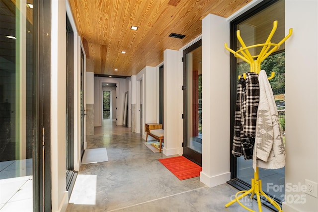 386 Squirrel Ln, Lake Wylie, SC 29710 - hall with wood ceiling, finished concrete floors, baseboards, and recessed lighting