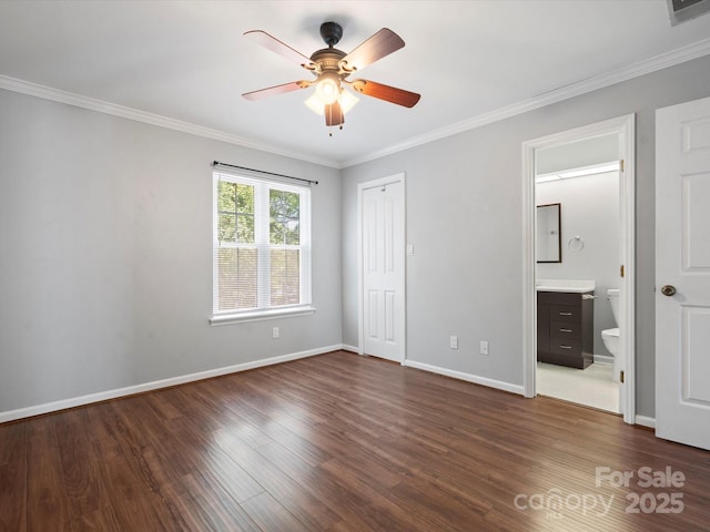 9404 S Vicksburg Park Ct, Charlotte, NC 28210 - unfurnished bedroom featuring dark wood-style flooring, ornamental molding, baseboards, a closet, and ceiling fan