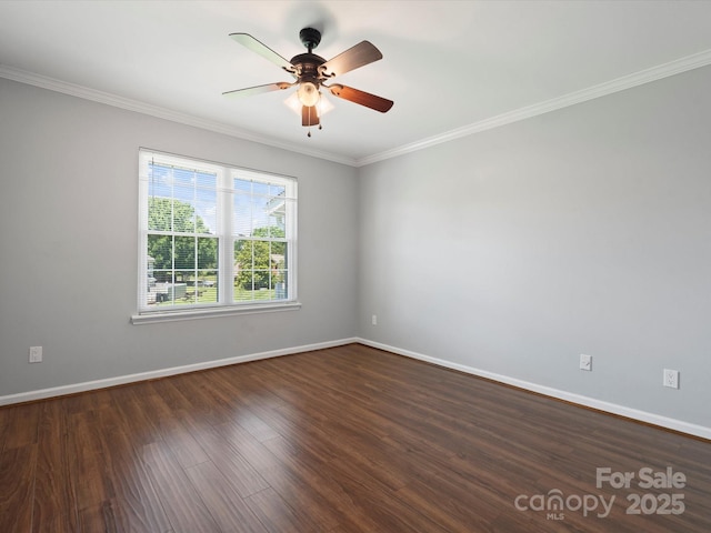9404 S Vicksburg Park Ct, Charlotte, NC 28210 - spare room featuring crown molding, a ceiling fan, baseboards, and dark wood-style flooring