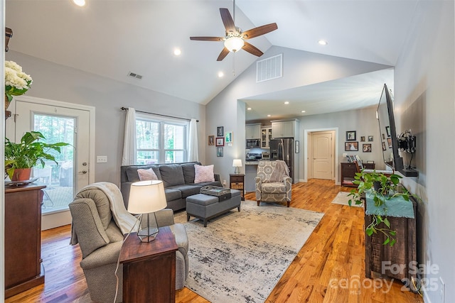 2146 Derby Ct, Morganton, NC 28655 - living room with high vaulted ceiling, a ceiling fan, light wood-style floors, and recessed lighting