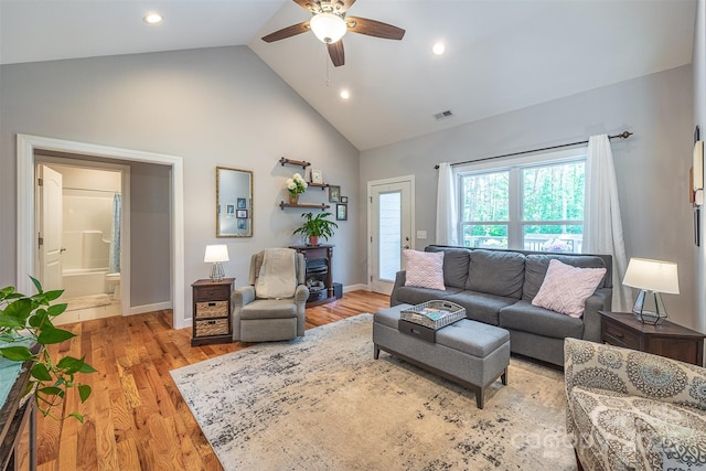 2146 Derby Ct, Morganton, NC 28655 - living room featuring ceiling fan, high vaulted ceiling, light wood-style flooring, recessed lighting, and baseboards