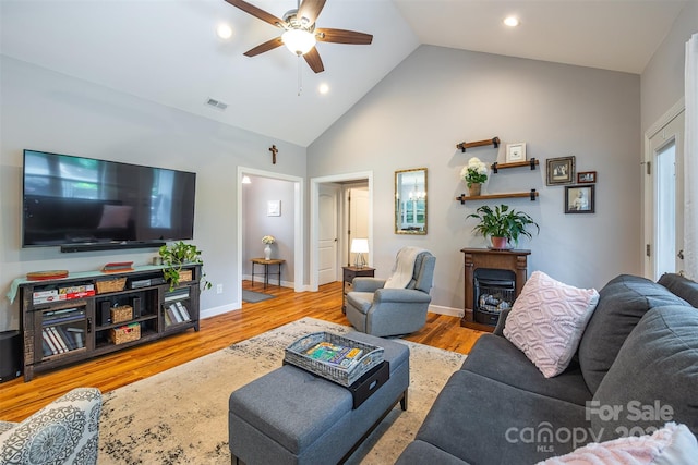 2146 Derby Ct, Morganton, NC 28655 - living room with a ceiling fan, recessed lighting, wood finished floors, high vaulted ceiling, and baseboards