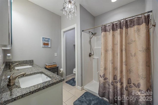 2146 Derby Ct, Morganton, NC 28655 - full bathroom with toilet, double vanity, a shower with shower curtain, and tile patterned floors