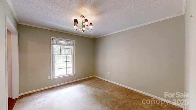 2507 Birnen Dr, Charlotte, NC 28210 - carpeted spare room featuring a chandelier, a textured ceiling, baseboards, and ornamental molding