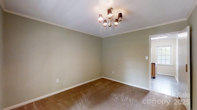 2507 Birnen Dr, Charlotte, NC 28210 - unfurnished room featuring a chandelier, baseboards, ornamental molding, and carpet