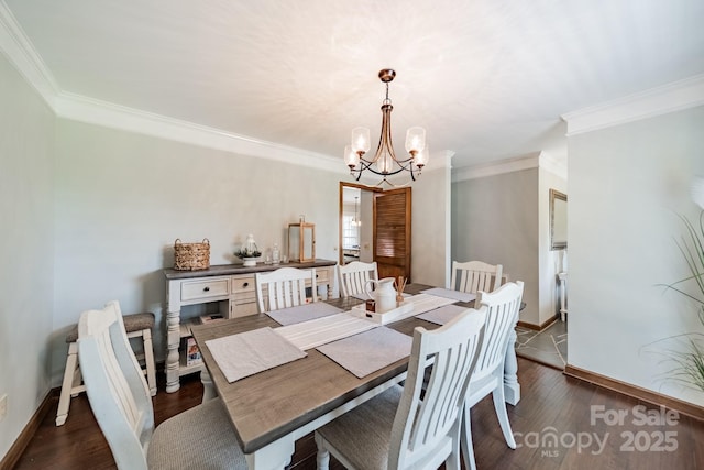 8698 Rocky River Rd, Harrisburg, NC 28075 - dining space featuring a chandelier, crown molding, baseboards, and dark wood-style floors