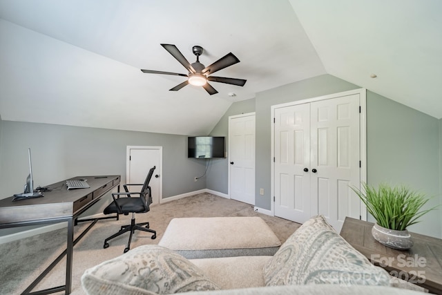 8698 Rocky River Rd, Harrisburg, NC 28075 - home office with lofted ceiling, light colored carpet, a ceiling fan, and baseboards