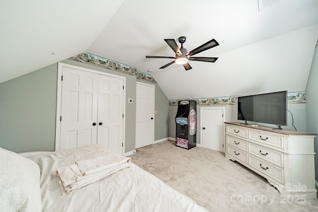 8698 Rocky River Rd, Harrisburg, NC 28075 - bedroom featuring vaulted ceiling, light carpet, ceiling fan, and baseboards