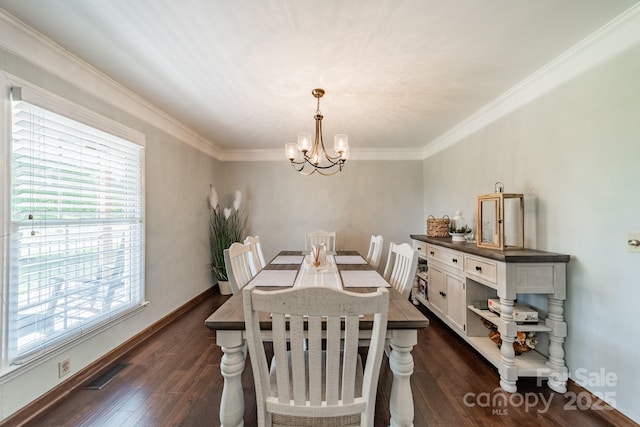 8698 Rocky River Rd, Harrisburg, NC 28075 - dining area with a chandelier, healthy amount of natural light, ornamental molding, and dark wood finished floors