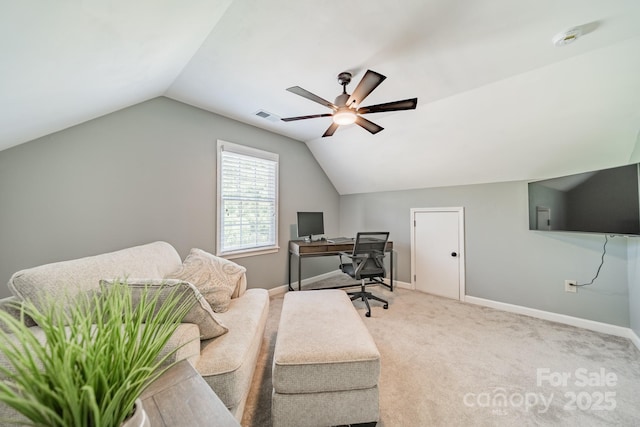 8698 Rocky River Rd, Harrisburg, NC 28075 - office with a ceiling fan, lofted ceiling, baseboards, and light carpet