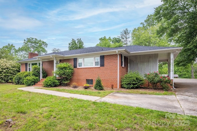826 Jamestown Rd, Morganton, NC 28655 - ranch-style house featuring a front yard, brick siding, a chimney, and concrete driveway