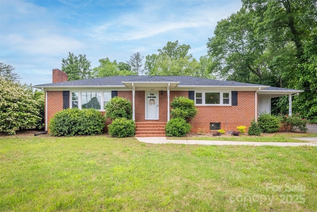 826 Jamestown Rd, Morganton, NC 28655 - ranch-style house featuring a front yard, a chimney, brick siding, and central air condition unit