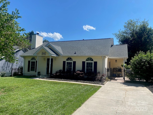 9612 Farmridge Ln, Matthews, NC 28105 - view of front facade featuring a gate, a shingled roof, a chimney, and concrete driveway