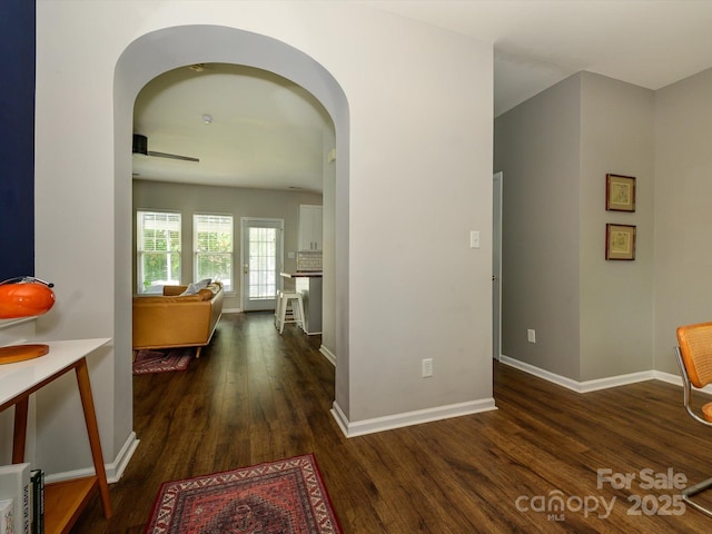 10639 Secret Garden Ln, Charlotte, NC 28214 - hall featuring arched walkways, dark wood-type flooring, and baseboards