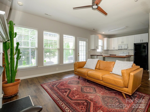 10639 Secret Garden Ln, Charlotte, NC 28214 - living room with plenty of natural light, ceiling fan, baseboards, and dark wood finished floors