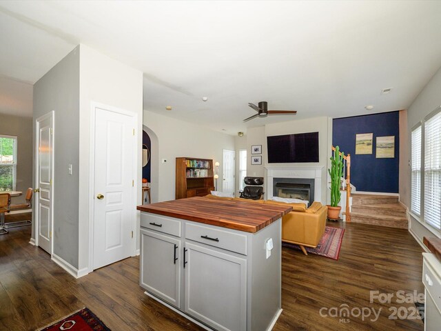 10639 Secret Garden Ln, Charlotte, NC 28214 - kitchen featuring butcher block countertops, a fireplace, a ceiling fan, arched walkways, and dark wood-type flooring