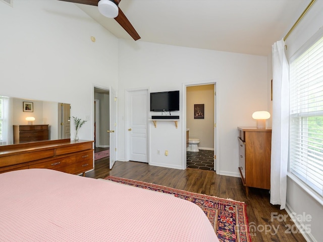 10639 Secret Garden Ln, Charlotte, NC 28214 - bedroom featuring wood finished floors, ensuite bath, baseboards, ceiling fan, and high vaulted ceiling