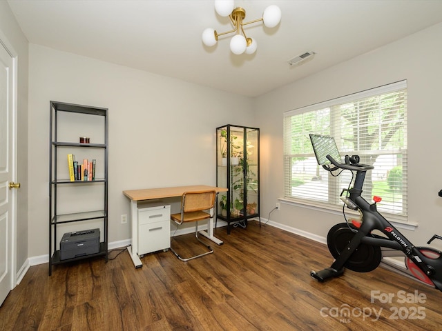 10639 Secret Garden Ln, Charlotte, NC 28214 - office area featuring a chandelier, dark wood-style flooring, and baseboards