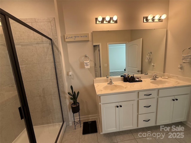 1016 Laggan Ln, Indian Trail, NC 28079 - full bathroom with a stall shower, tile patterned flooring, and double vanity