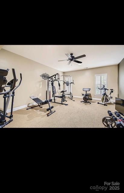 2234 Donnington Ln NW, Concord, NC 28027 - workout room featuring carpet flooring, baseboards, and ceiling fan