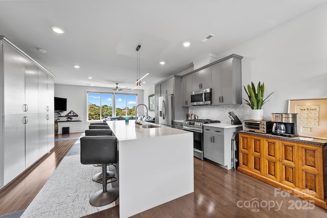 919 Cityscape Dr, Charlotte, NC 28205 - kitchen featuring appliances with stainless steel finishes, a sink, gray cabinetry, a ceiling fan, and dark wood-style flooring