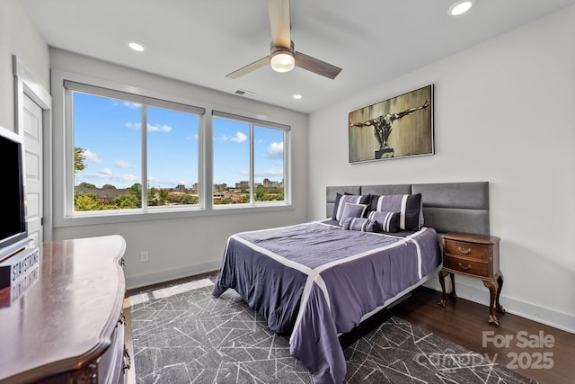 919 Cityscape Dr, Charlotte, NC 28205 - bedroom with baseboards, recessed lighting, dark wood-type flooring, and ceiling fan