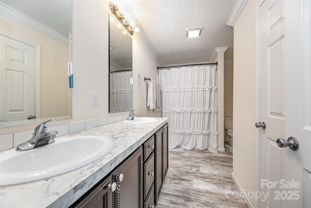 503 Apple St, Gibsonville, NC 27249 - bathroom featuring a textured ceiling, double vanity, wood finished floors, toilet, and curtained shower