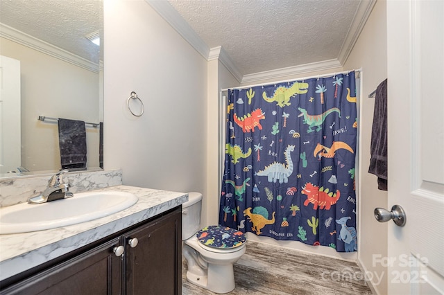 503 Apple St, Gibsonville, NC 27249 - full bath with a textured ceiling, toilet, vanity, ornamental molding, and a shower with shower curtain