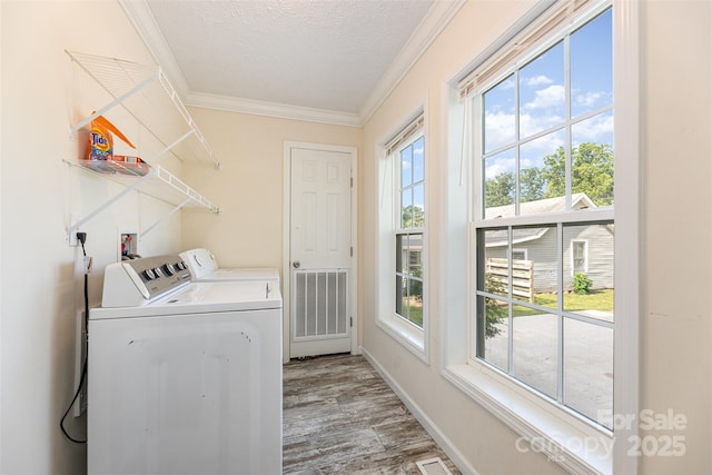 503 Apple St, Gibsonville, NC 27249 - laundry area with ornamental molding, washing machine and dryer, light wood finished floors, a textured ceiling, and baseboards