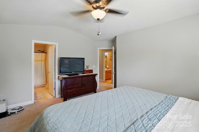 820 Settlement St, Clover, SC 29710 - bedroom featuring vaulted ceiling, light colored carpet, connected bathroom, and ceiling fan