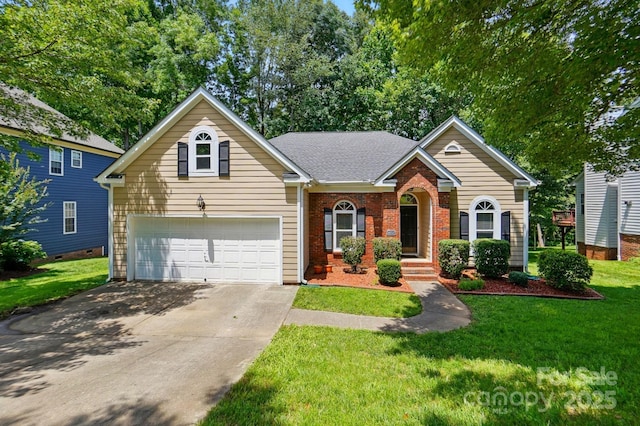 4612 Saxonbury Way, Charlotte, NC 28269 - view of front facade with concrete driveway, brick siding, a front lawn, a garage, and roof with shingles