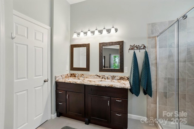 4612 Saxonbury Way, Charlotte, NC 28269 - full bathroom featuring double vanity, a stall shower, and baseboards