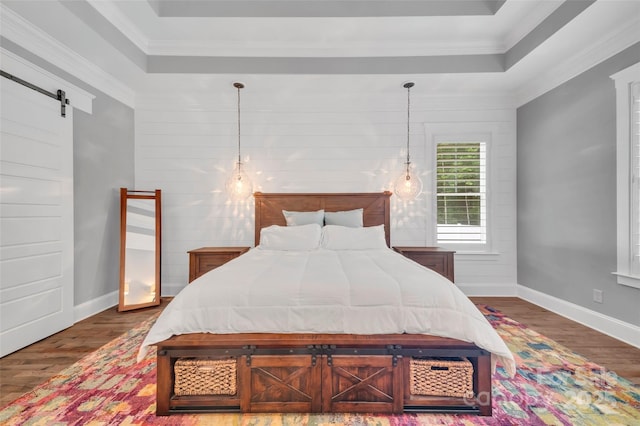 1622 Hunters Place Rd, York, SC 29745 - bedroom with a raised ceiling, wood finished floors, a barn door, and crown molding