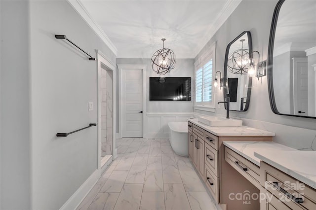 1622 Hunters Place Rd, York, SC 29745 - bathroom featuring a chandelier, marble look tile flooring, a soaking tub, vanity, and ornamental molding
