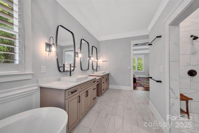 1622 Hunters Place Rd, York, SC 29745 - bathroom with marble look tile flooring, double vanity, a freestanding bath, ornamental molding, and a shower