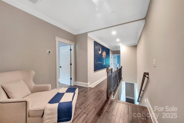 1622 Hunters Place Rd, York, SC 29745 - living area featuring an upstairs landing, ornamental molding, wood finished floors, and recessed lighting