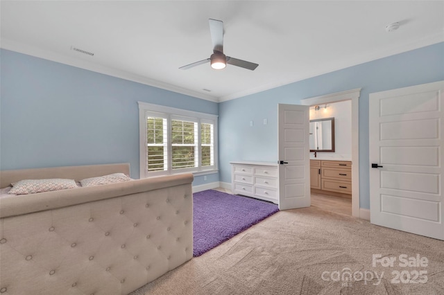 1622 Hunters Place Rd, York, SC 29745 - bedroom with light carpet, ornamental molding, ensuite bathroom, and ceiling fan