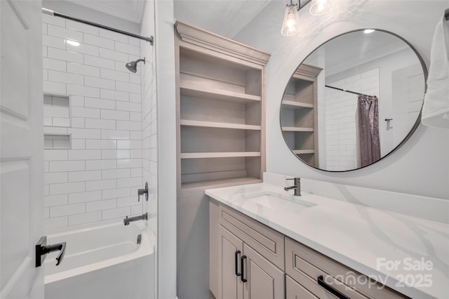 1622 Hunters Place Rd, York, SC 29745 - full bath featuring vanity, ornamental molding, and shower / bath combo with shower curtain