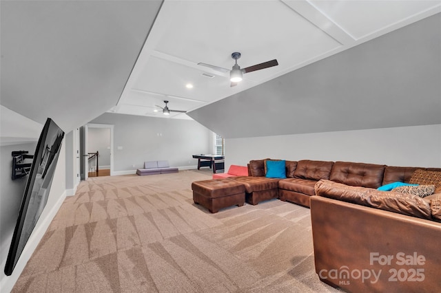 1622 Hunters Place Rd, York, SC 29745 - carpeted living room featuring a ceiling fan and vaulted ceiling