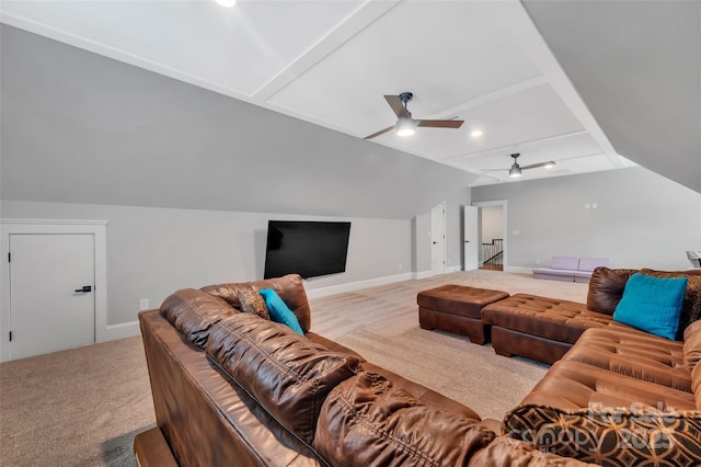 1622 Hunters Place Rd, York, SC 29745 - carpeted living room with ceiling fan and vaulted ceiling