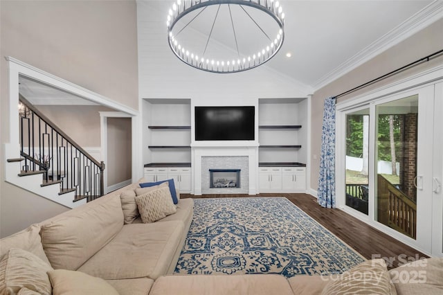 1622 Hunters Place Rd, York, SC 29745 - living area with lofted ceiling, built in features, ornamental molding, wood finished floors, and a fireplace