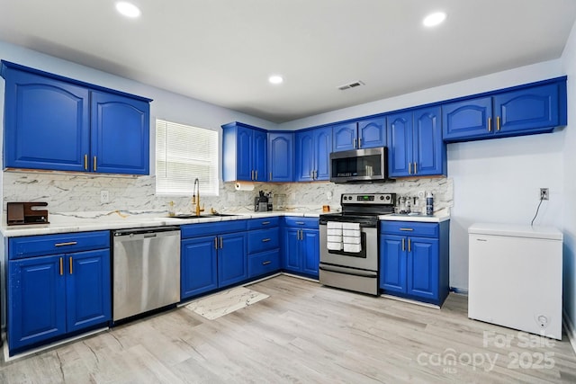 1005 Exodus Ct, Monroe, NC 28110 - kitchen featuring appliances with stainless steel finishes, a sink, tasteful backsplash, light wood-type flooring, and light countertops