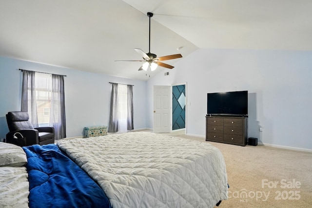 1005 Exodus Ct, Monroe, NC 28110 - bedroom with lofted ceiling, multiple windows, light carpet, baseboards, and ceiling fan