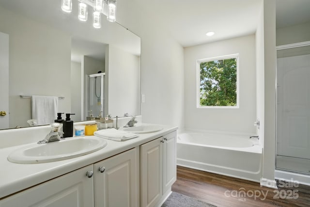1005 Exodus Ct, Monroe, NC 28110 - full bathroom featuring wood finished floors, a shower stall, a garden tub, and double vanity