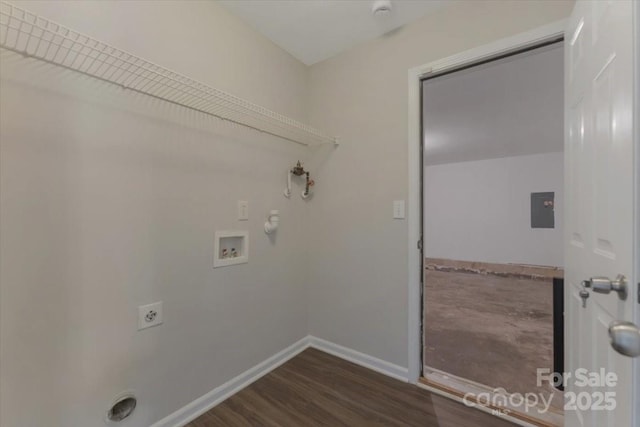 1111 Balcorn Pl, Charlotte, NC 28214 - laundry area with electric dryer hookup, hookup for a washing machine, baseboards, dark wood finished floors, and gas dryer hookup